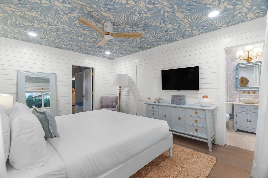 Primary bedroom suite redesign at Gone Coastal featuring custom ceiling detail and cohesive coastal finishes